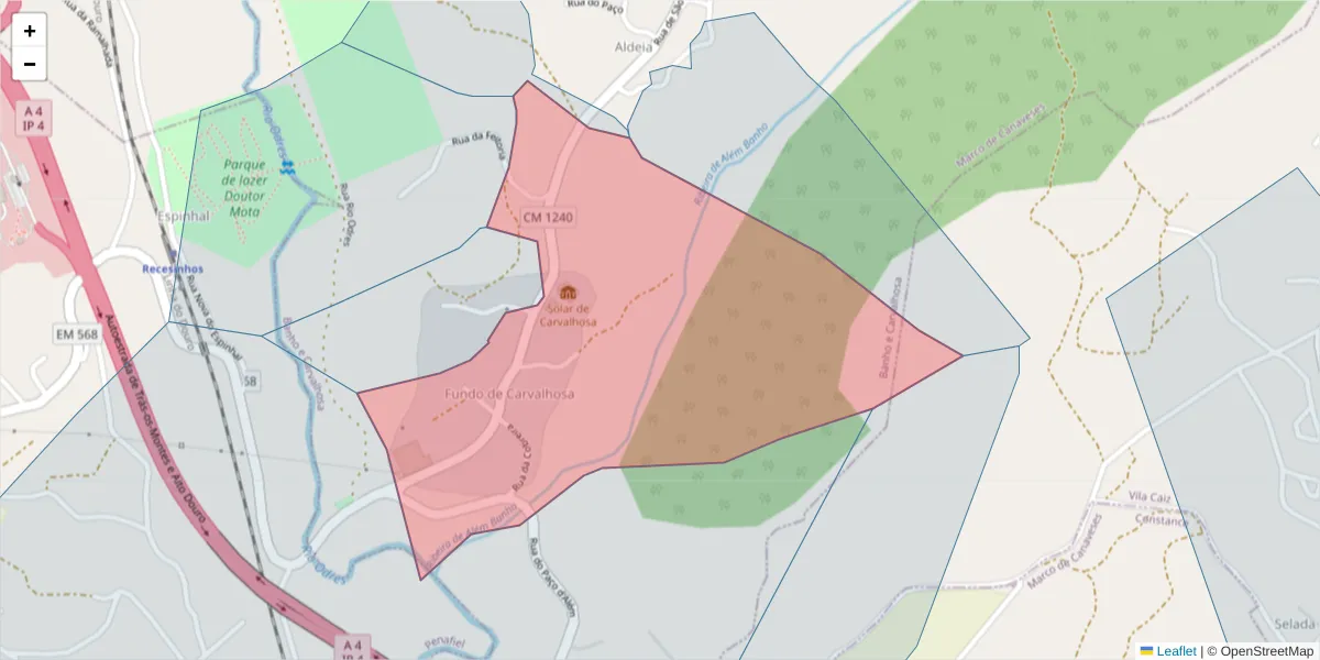Mapa detalhado do código postal 4635-021 com limites, códigos postais vizinhos e agências dos correios