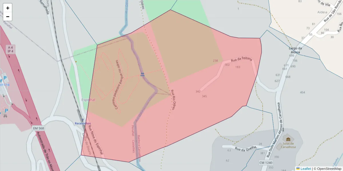 Mapa detalhado do código postal 4635-027 com limites, códigos postais vizinhos e agências dos correios