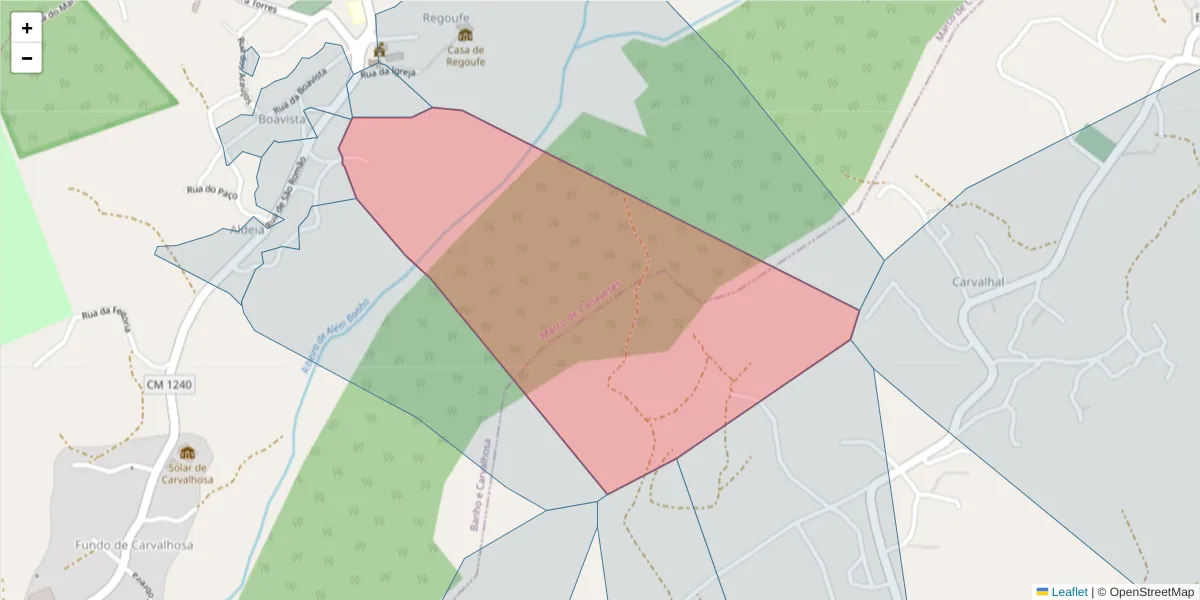 Mapa detalhado do código postal 4635-036 com limites, códigos postais vizinhos e agências dos correios