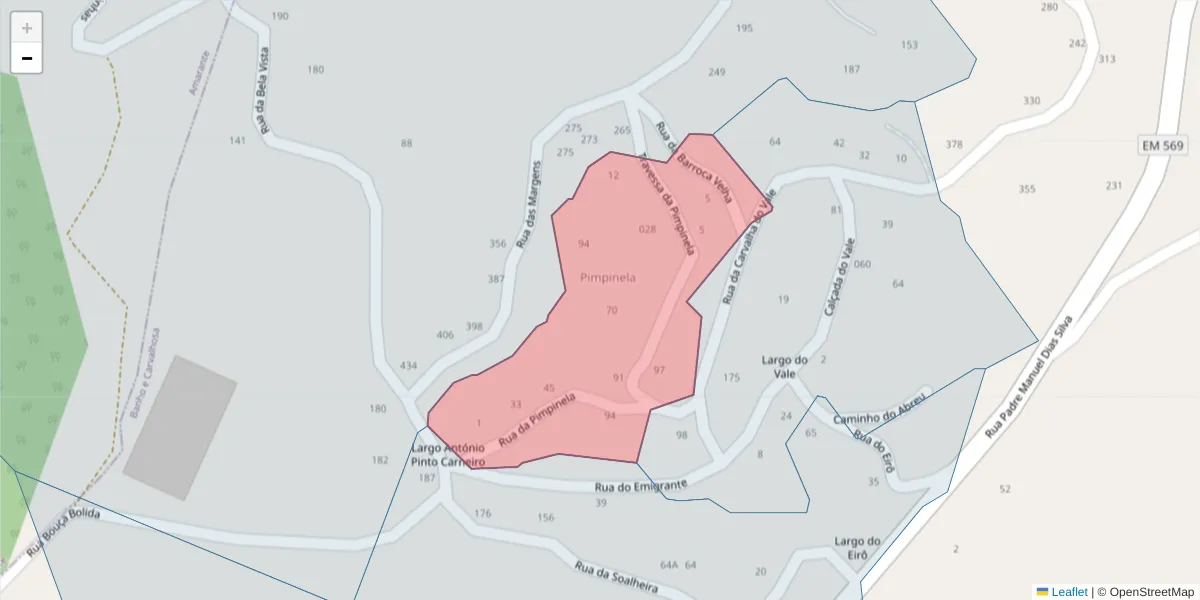 Mapa detalhado do código postal 4635-044 com limites, códigos postais vizinhos e agências dos correios