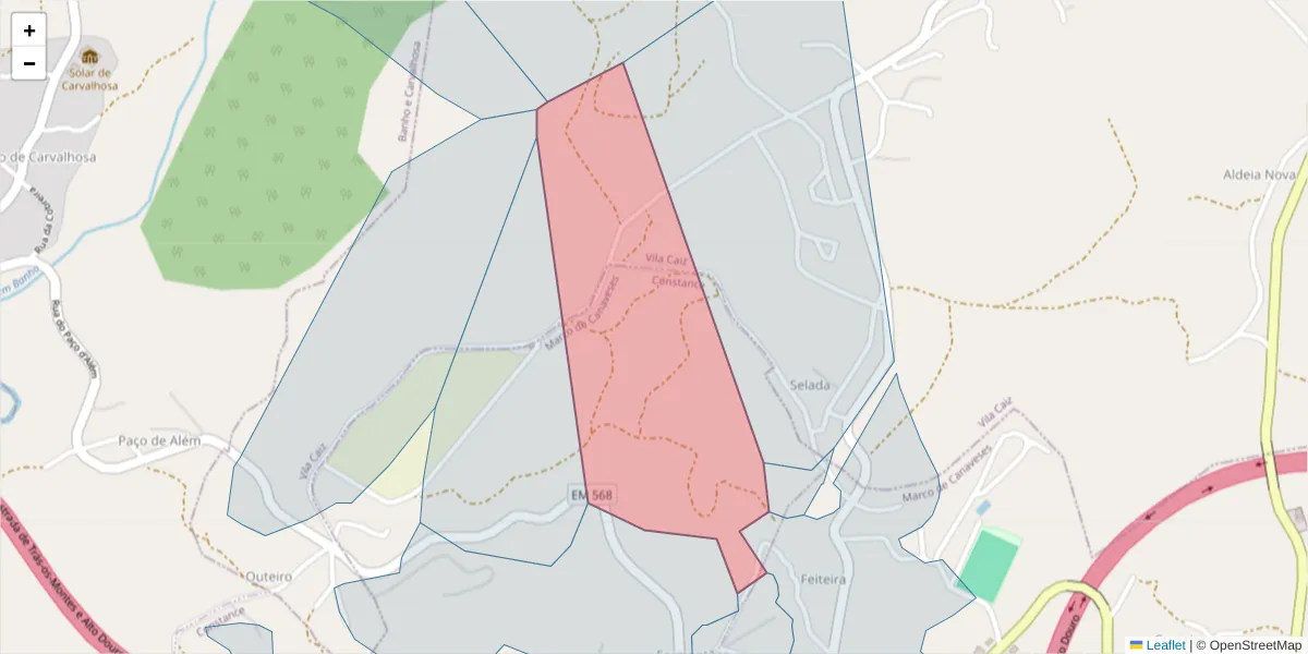 Mapa detalhado do código postal 4635-130 com limites, códigos postais vizinhos e agências dos correios
