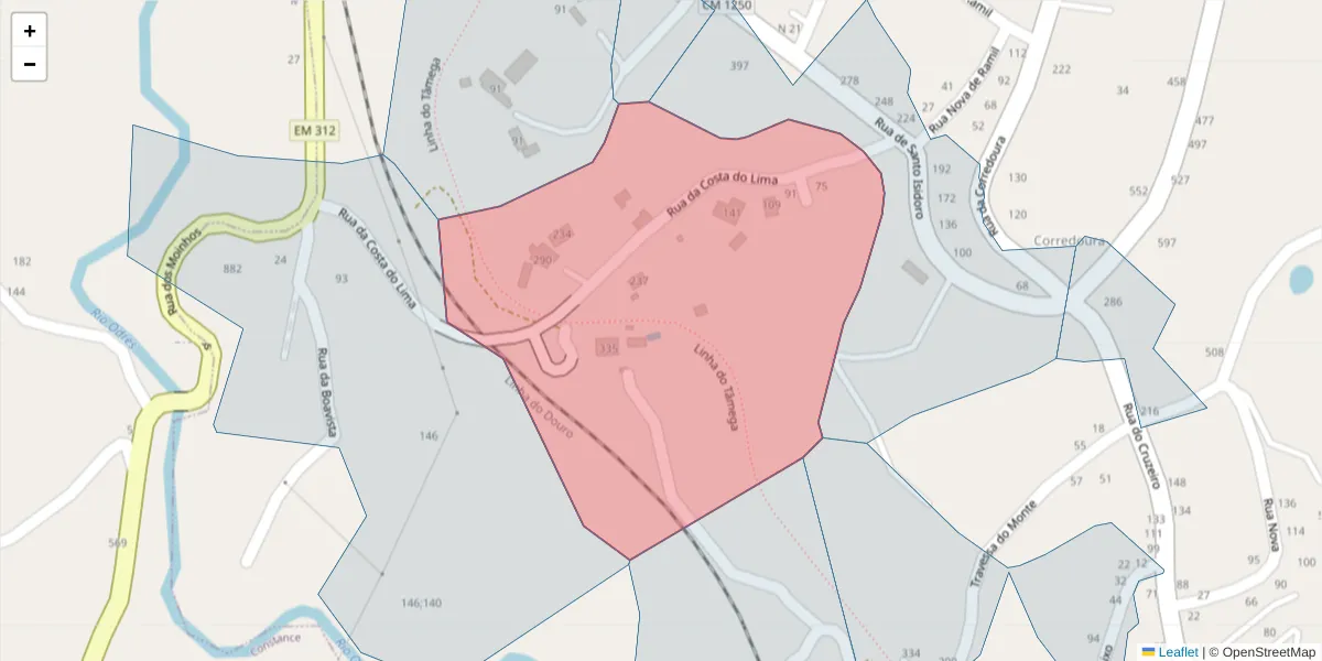 Mapa detalhado do código postal 4635-252 com limites, códigos postais vizinhos e agências dos correios