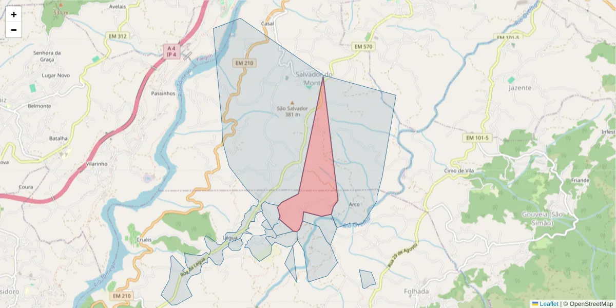 Mapa detalhado do código postal 4635-607 com limites, códigos postais vizinhos e agências dos correios