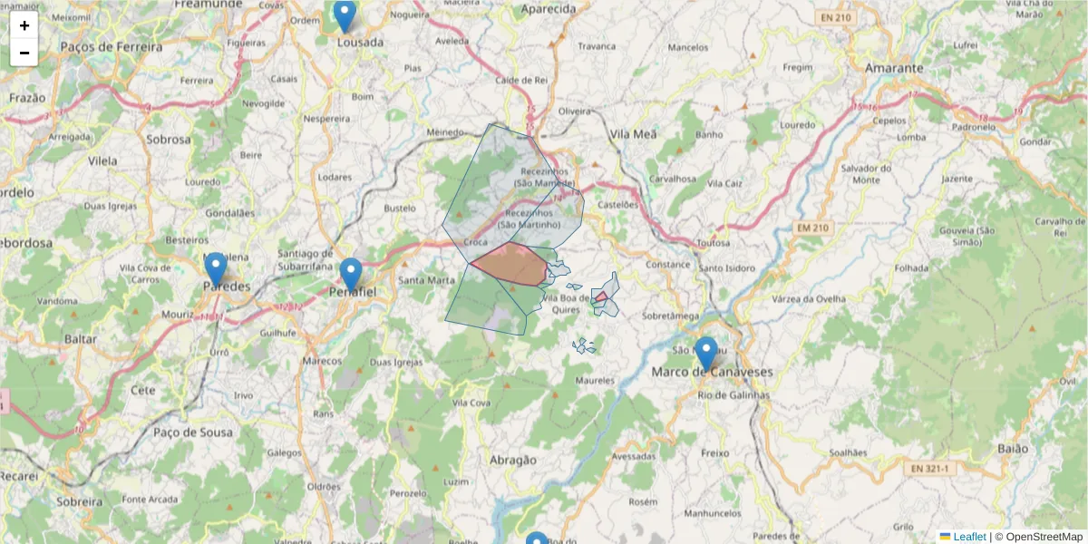 Mapa detalhado do código postal 4635-729 com limites, códigos postais vizinhos e agências dos correios