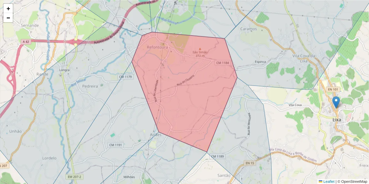Mapa detalhado do código postal 4650-092 com limites, códigos postais vizinhos e agências dos correios