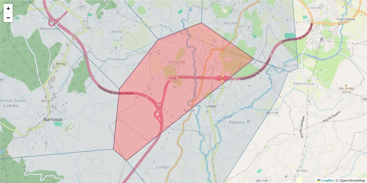 Mapa detalhado do código postal 4650-327 Rande com limites, códigos postais vizinhos e agências dos correios