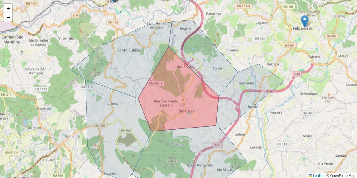 Mapa detalhado do código postal 4650-373 com limites, códigos postais vizinhos e agências dos correios