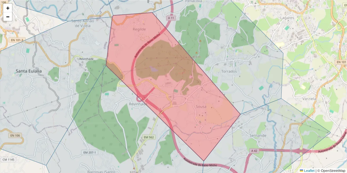 Mapa detalhado do código postal 4650-509 com limites, códigos postais vizinhos e agências dos correios