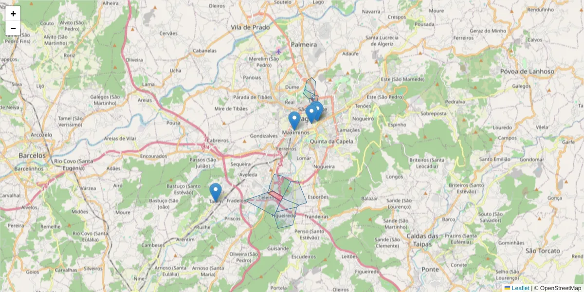 Mapa detalhado do código postal 4700-004 com limites, códigos postais vizinhos e agências dos correios