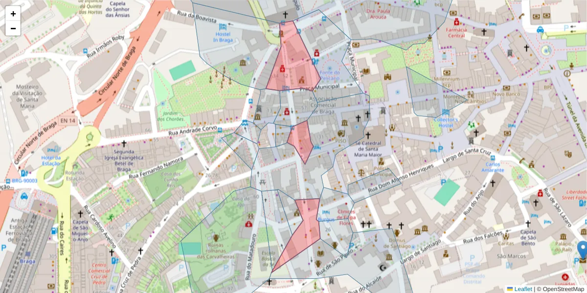 Mapa detalhado do código postal 4700-031 com limites, códigos postais vizinhos e agências dos correios