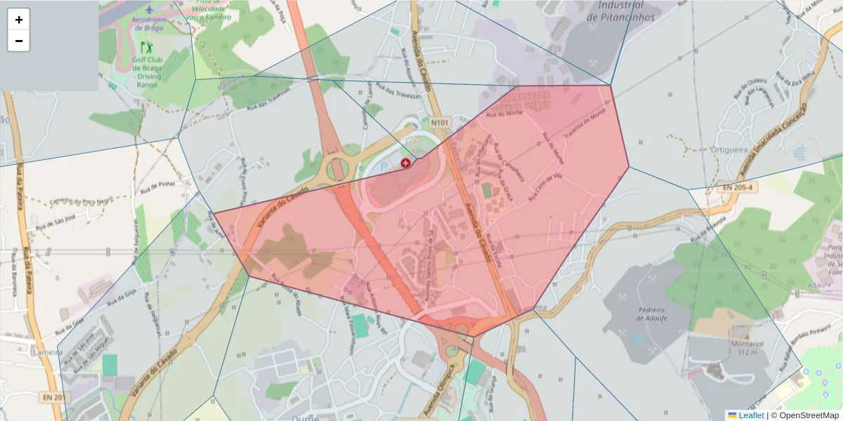 Mapa detalhado do código postal 4700-068 com limites, códigos postais vizinhos e agências dos correios