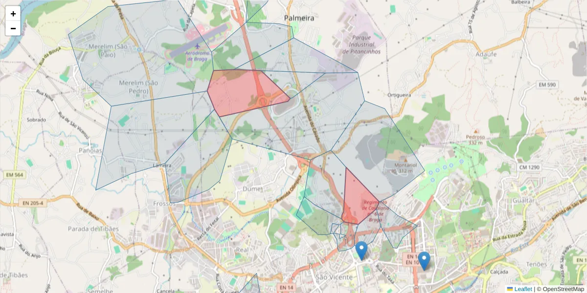 Mapa detalhado do código postal 4700-084 com limites, códigos postais vizinhos e agências dos correios