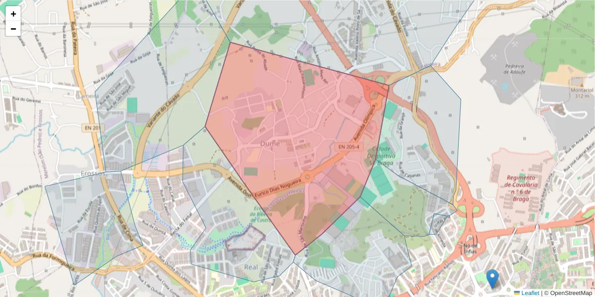 Mapa detalhado do código postal 4700-087 com limites, códigos postais vizinhos e agências dos correios