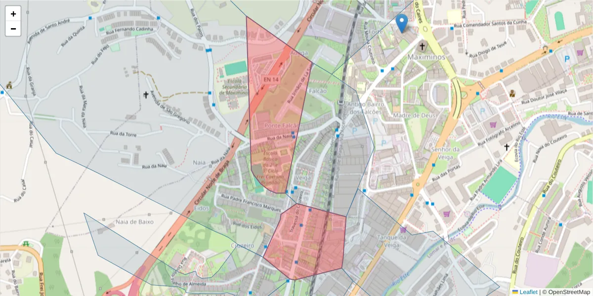 Mapa detalhado do código postal 4700-116 com limites, códigos postais vizinhos e agências dos correios
