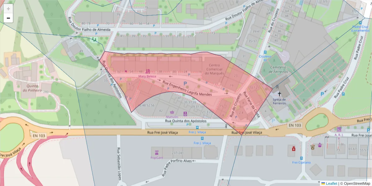 Mapa detalhado do código postal 4700-121 com limites, códigos postais vizinhos e agências dos correios