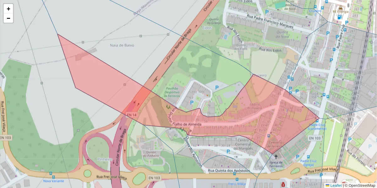 Mapa detalhado do código postal 4700-123 com limites, códigos postais vizinhos e agências dos correios