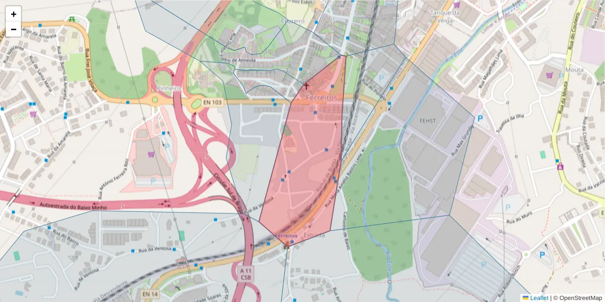 Mapa detalhado do código postal 4700-124 com limites, códigos postais vizinhos e agências dos correios