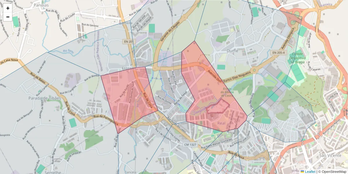 Mapa detalhado do código postal 4700-154 com limites, códigos postais vizinhos e agências dos correios