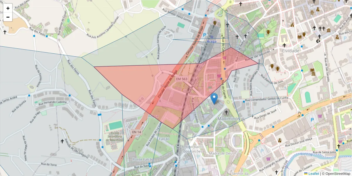 Mapa detalhado do código postal 4700-207 com limites, códigos postais vizinhos e agências dos correios