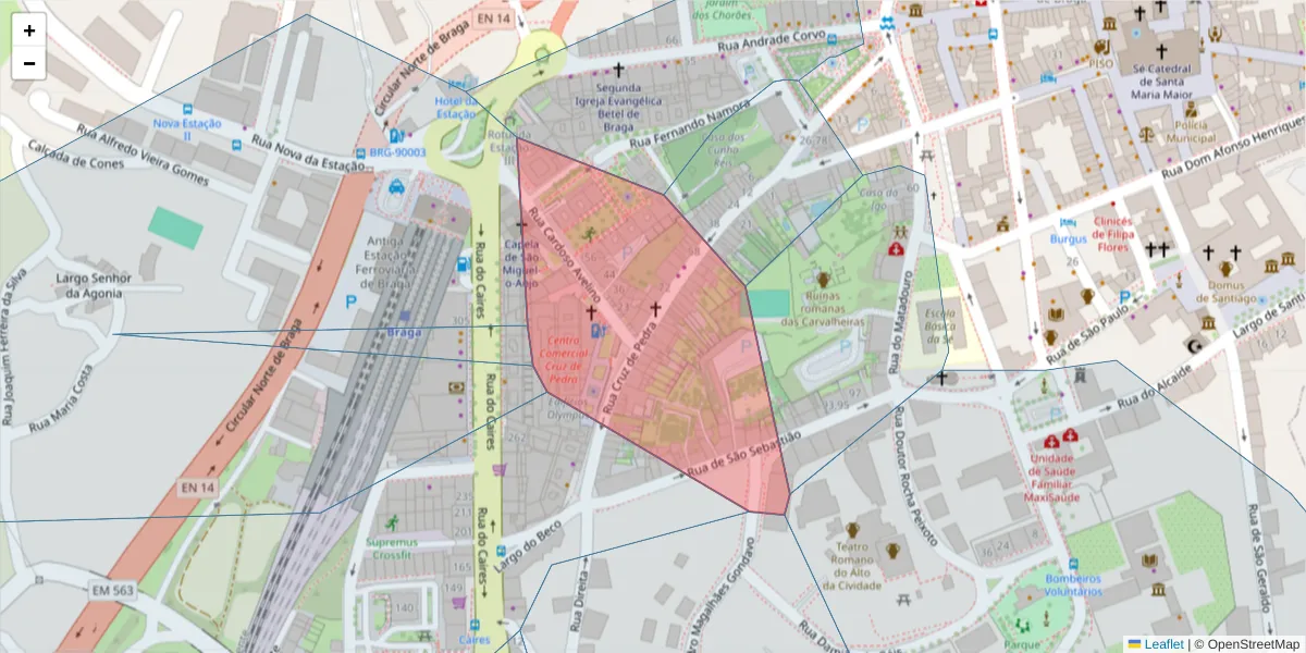 Mapa detalhado do código postal 4700-212 com limites, códigos postais vizinhos e agências dos correios