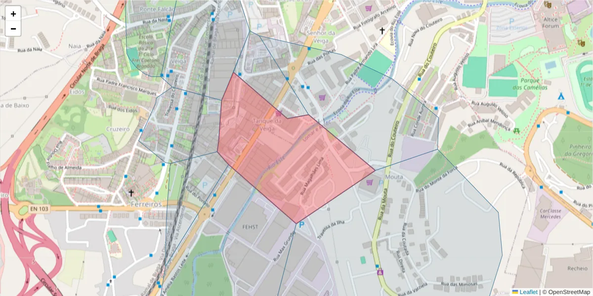 Mapa detalhado do código postal 4700-213 com limites, códigos postais vizinhos e agências dos correios