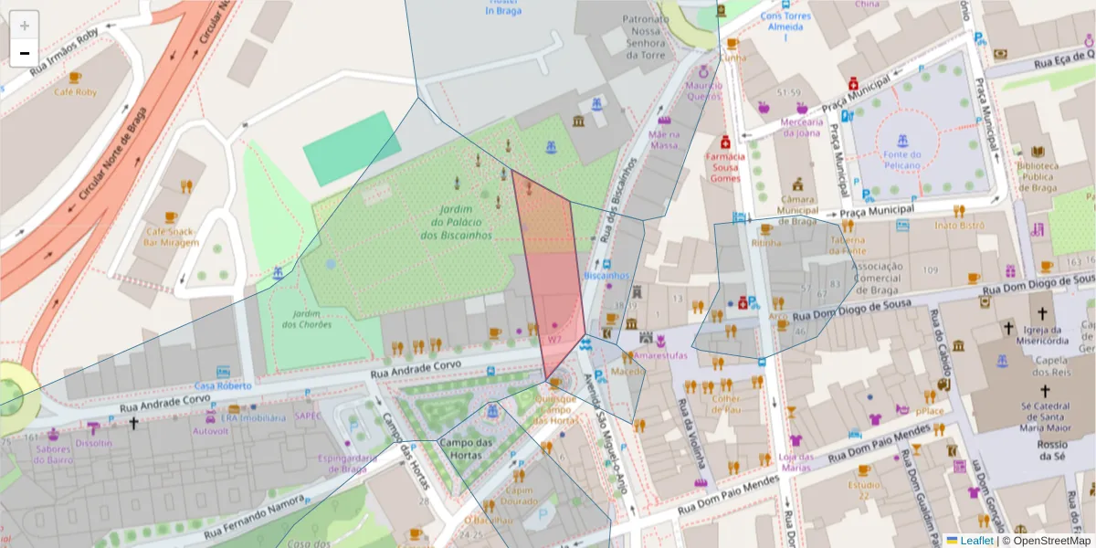 Mapa detalhado do código postal 4700-215 com limites, códigos postais vizinhos e agências dos correios