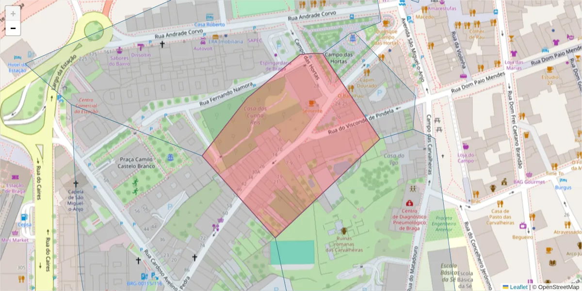 Mapa detalhado do código postal 4700-248 com limites, códigos postais vizinhos e agências dos correios