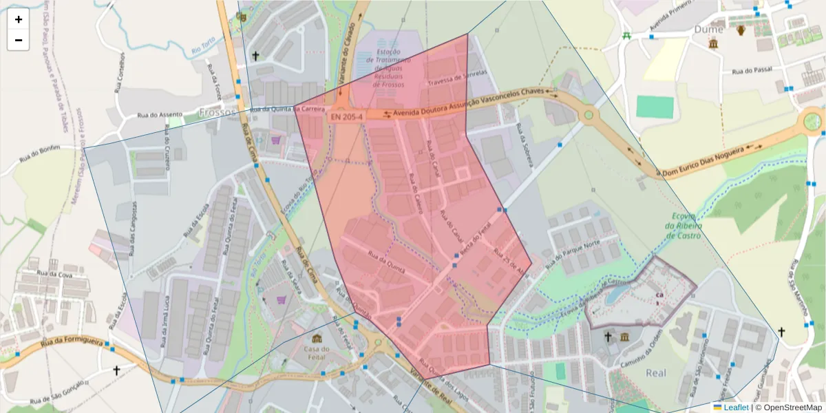 Mapa detalhado do código postal 4700-272 com limites, códigos postais vizinhos e agências dos correios