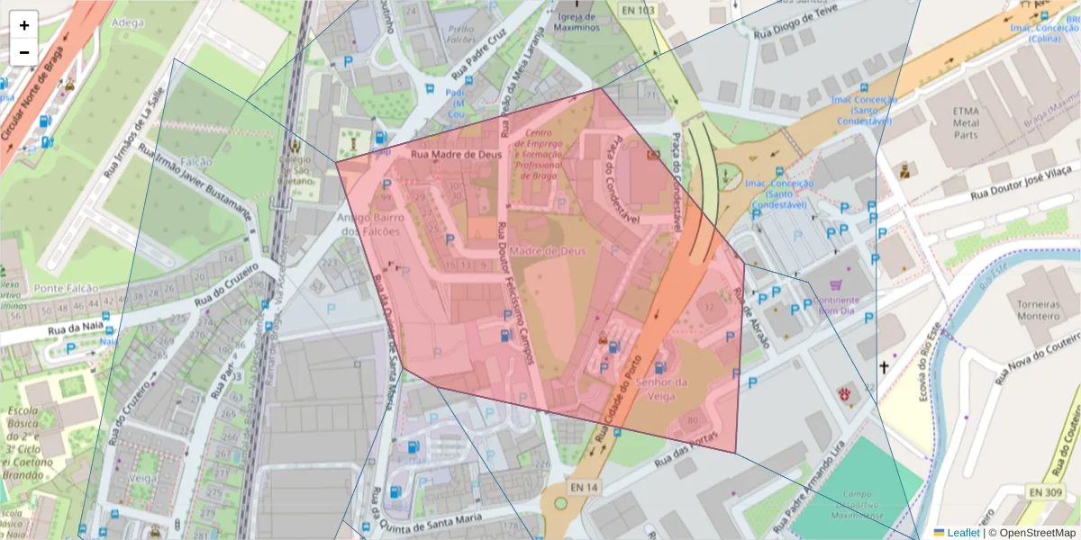 Mapa detalhado do código postal 4700-298 com limites, códigos postais vizinhos e agências dos correios