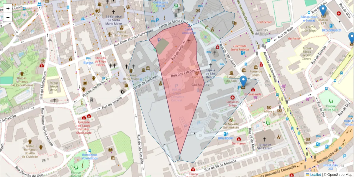 Mapa detalhado do código postal 4700-305 com limites, códigos postais vizinhos e agências dos correios
