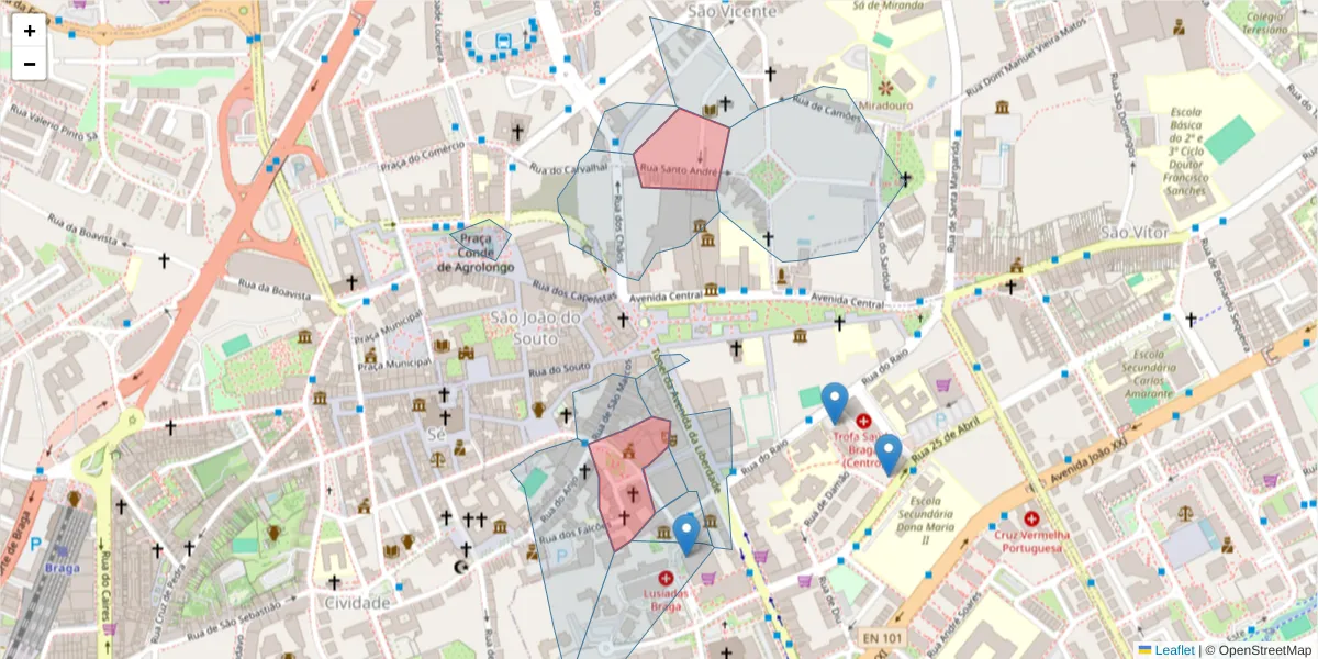 Mapa detalhado do código postal 4700-308 com limites, códigos postais vizinhos e agências dos correios
