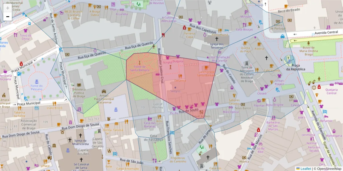 Mapa detalhado do código postal 4700-314 com limites, códigos postais vizinhos e agências dos correios