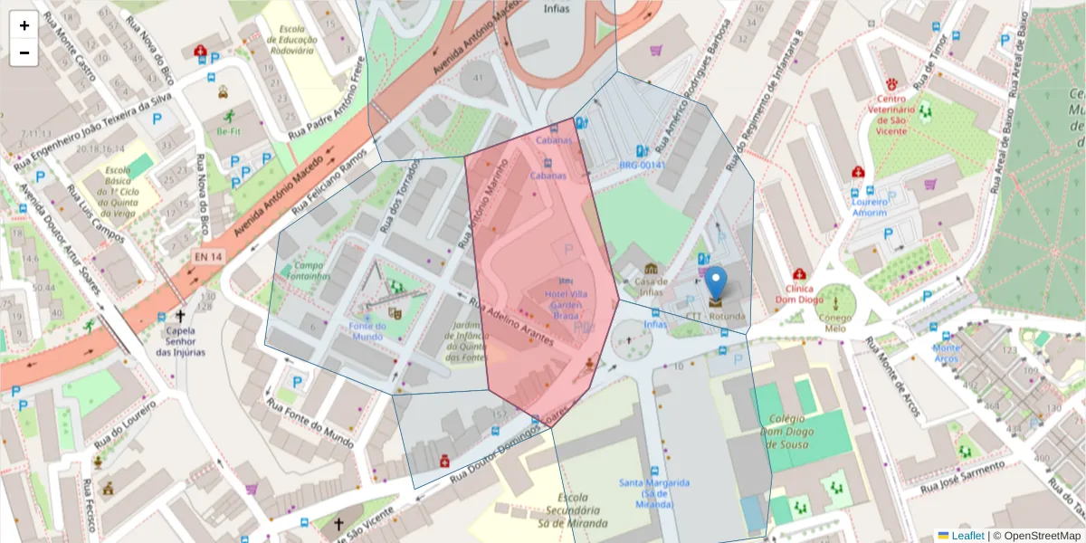 Mapa detalhado do código postal 4700-357 com limites, códigos postais vizinhos e agências dos correios