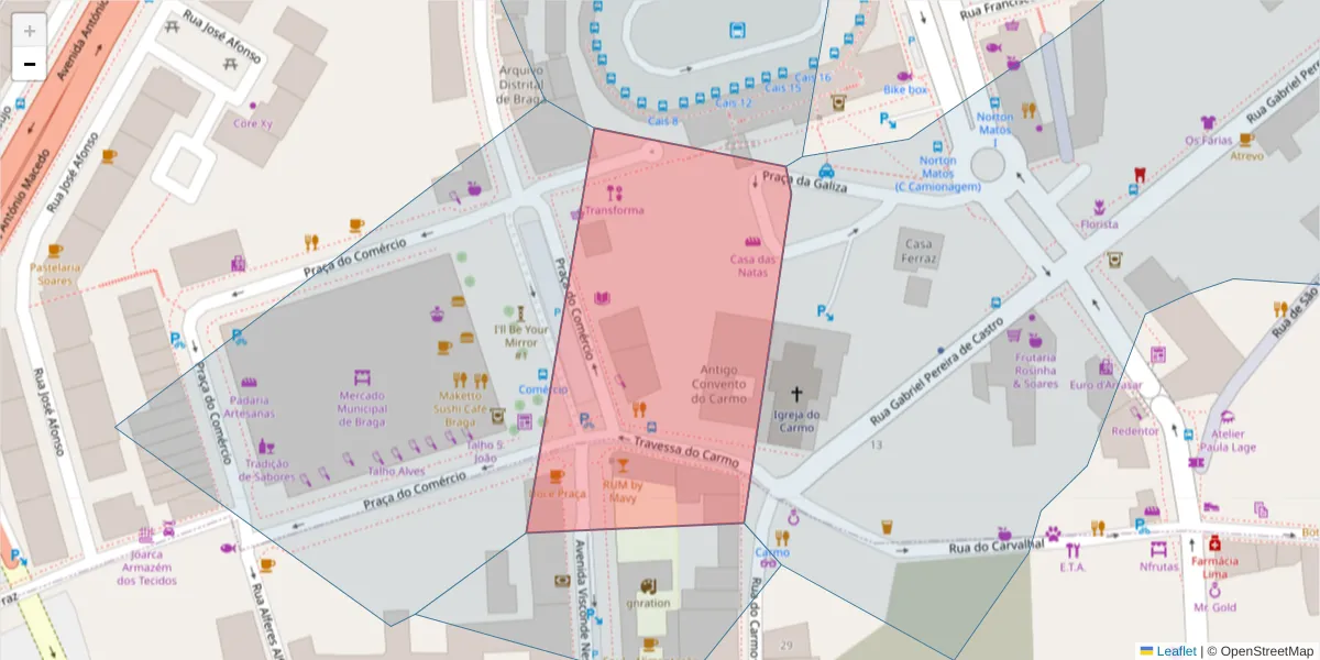 Mapa detalhado do código postal 4700-370 com limites, códigos postais vizinhos e agências dos correios