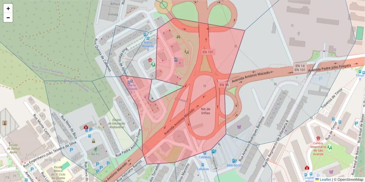 Mapa detalhado do código postal 4700-371 com limites, códigos postais vizinhos e agências dos correios