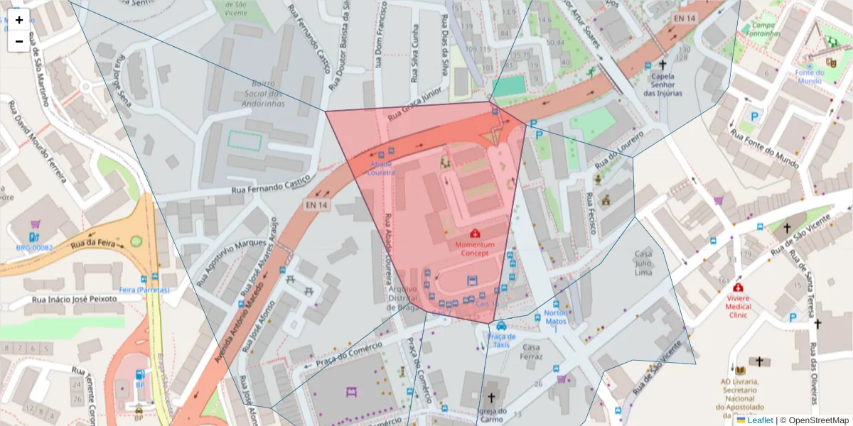 Mapa detalhado do código postal 4700-374 com limites, códigos postais vizinhos e agências dos correios