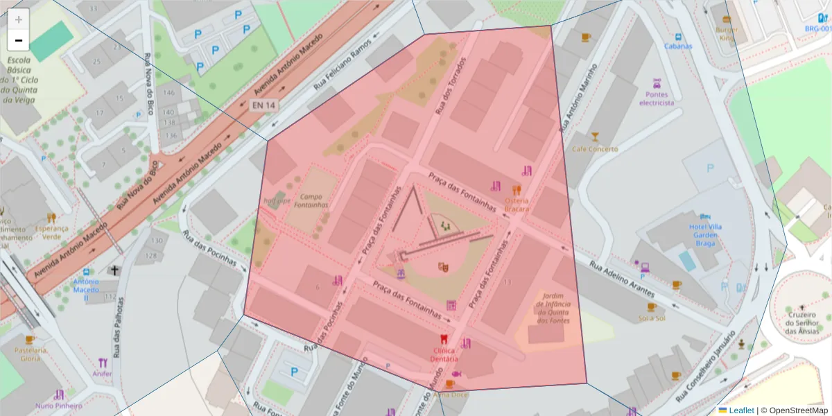 Mapa detalhado do código postal 4700-382 com limites, códigos postais vizinhos e agências dos correios