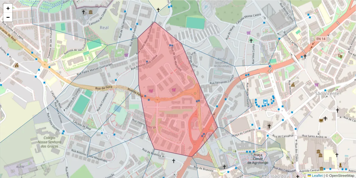 Mapa detalhado do código postal 4700-442 com limites, códigos postais vizinhos e agências dos correios