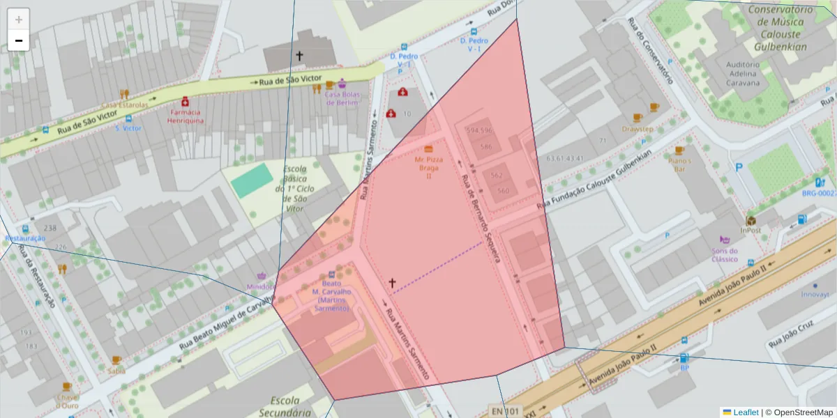 Mapa detalhado do código postal 4700-577 com limites, códigos postais vizinhos e agências dos correios