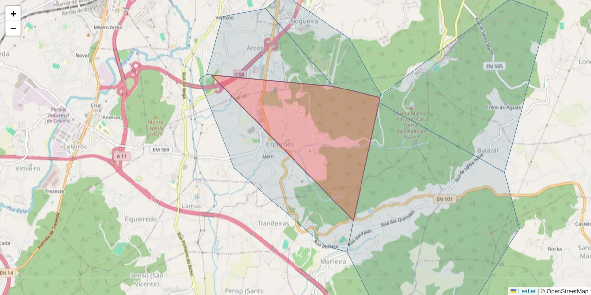 Mapa detalhado do código postal 4700-637 com limites, códigos postais vizinhos e agências dos correios