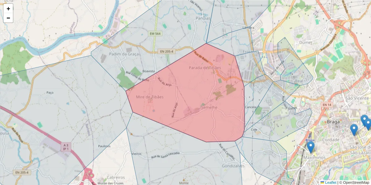 Mapa detalhado do código postal 4700-822 com limites, códigos postais vizinhos e agências dos correios