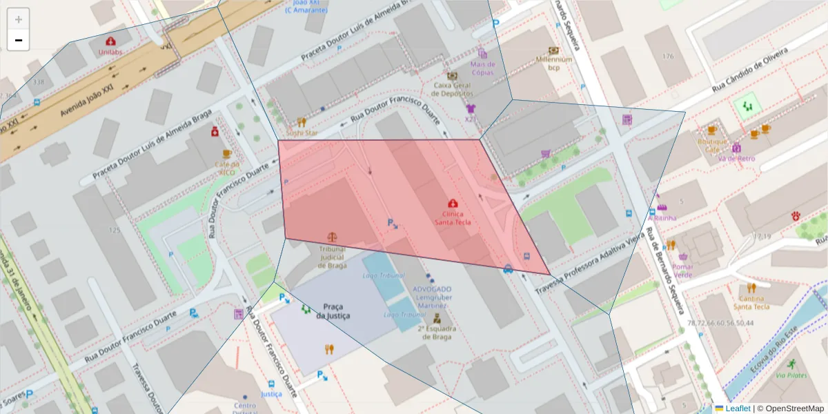 Mapa detalhado do código postal 4701-855 com limites, códigos postais vizinhos e agências dos correios