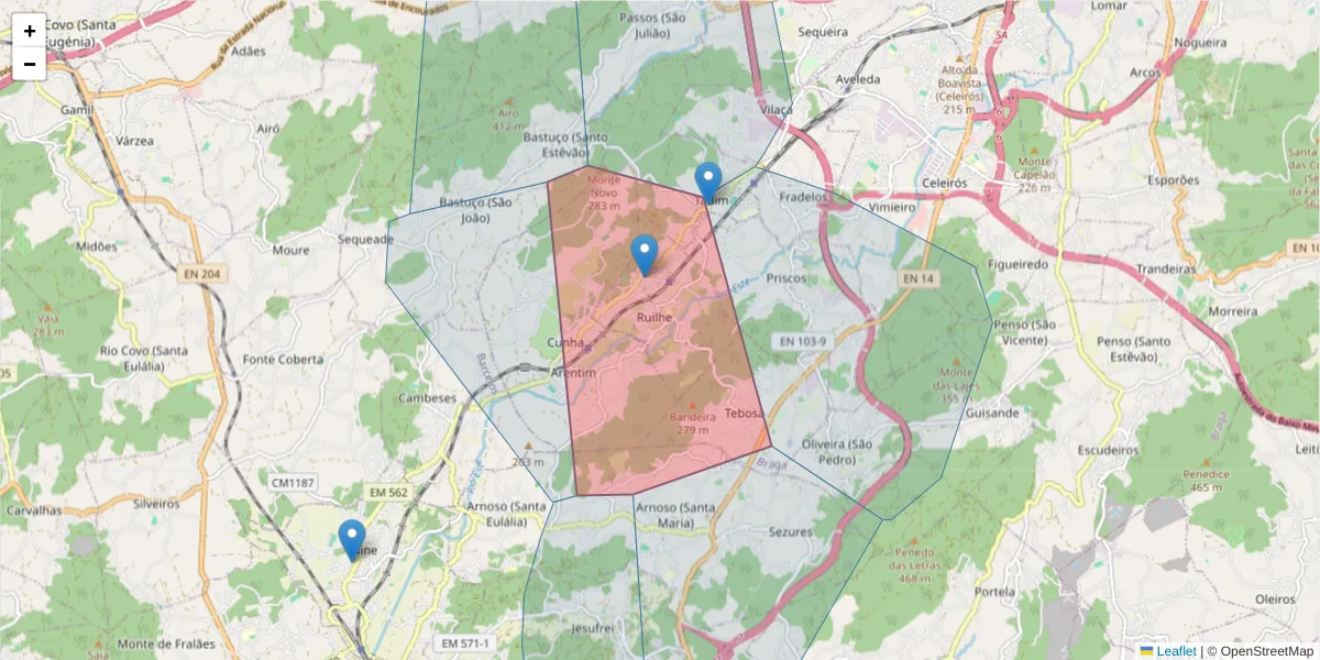 Mapa detalhado do código postal 4705-003 com limites, códigos postais vizinhos e agências dos correios