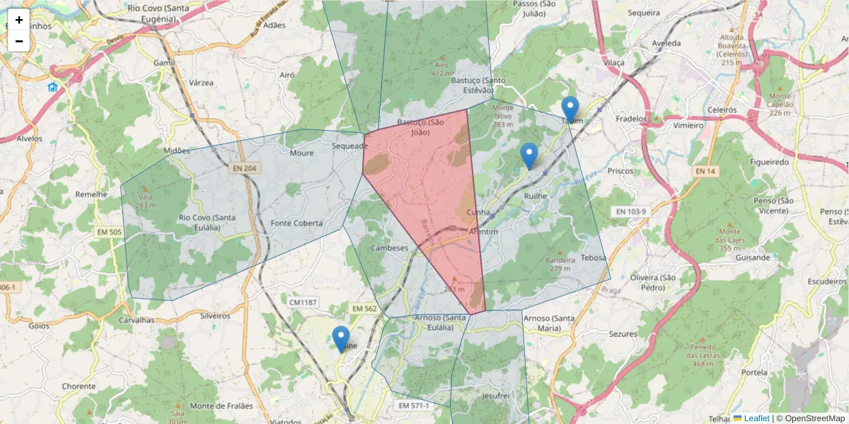 Mapa detalhado do código postal 4705-010 Arentim com limites, códigos postais vizinhos e agências dos correios