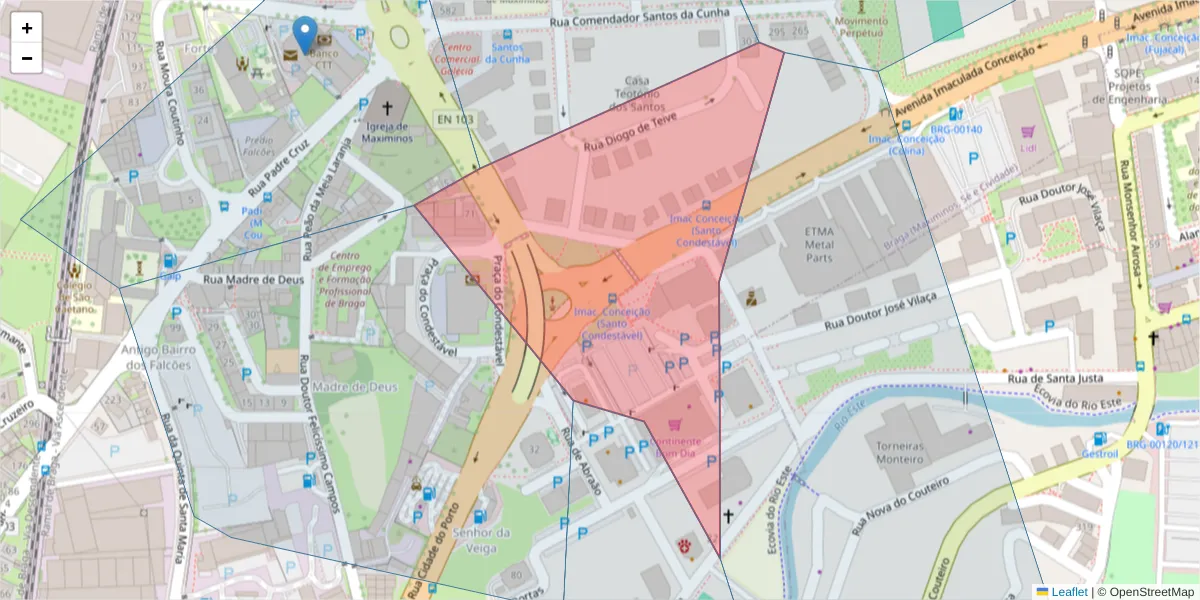 Mapa detalhado do código postal 4705-076 com limites, códigos postais vizinhos e agências dos correios