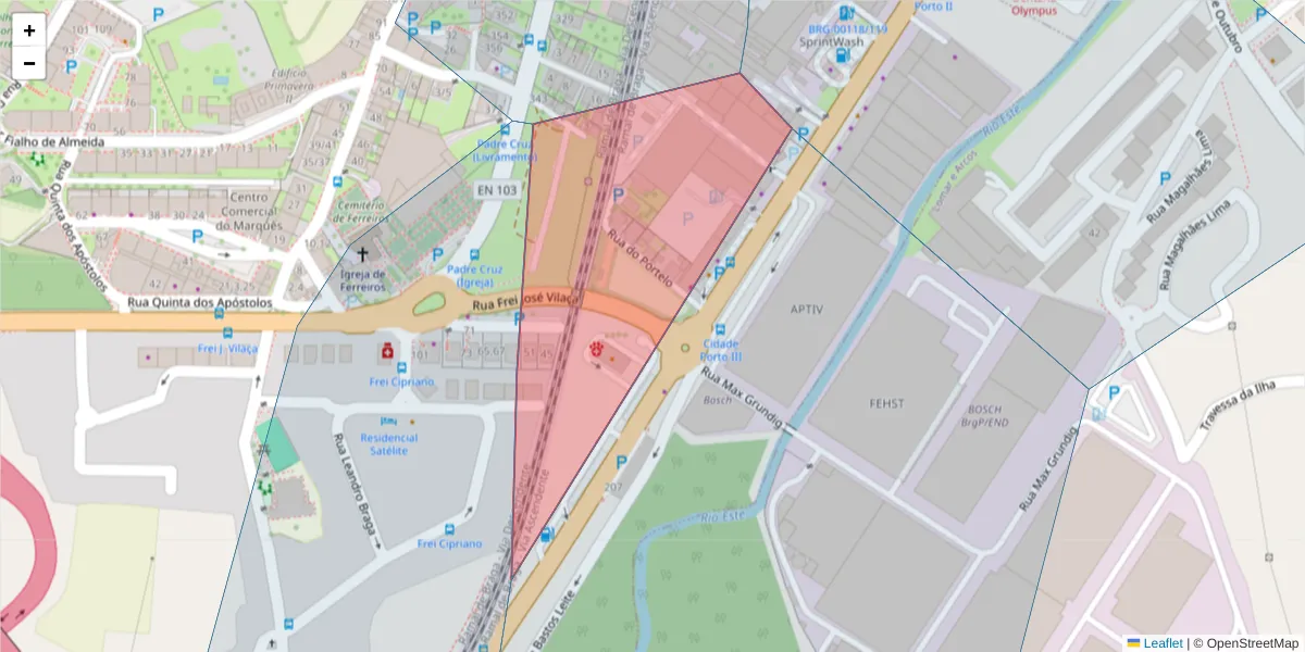 Mapa detalhado do código postal 4705-084 com limites, códigos postais vizinhos e agências dos correios