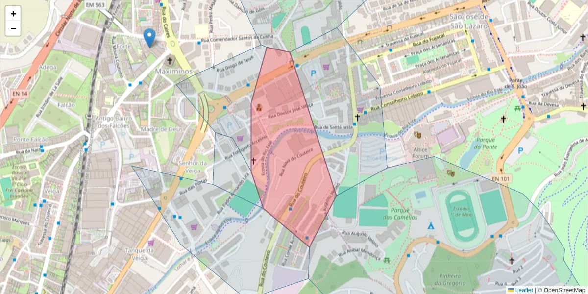 Mapa detalhado do código postal 4705-095 com limites, códigos postais vizinhos e agências dos correios