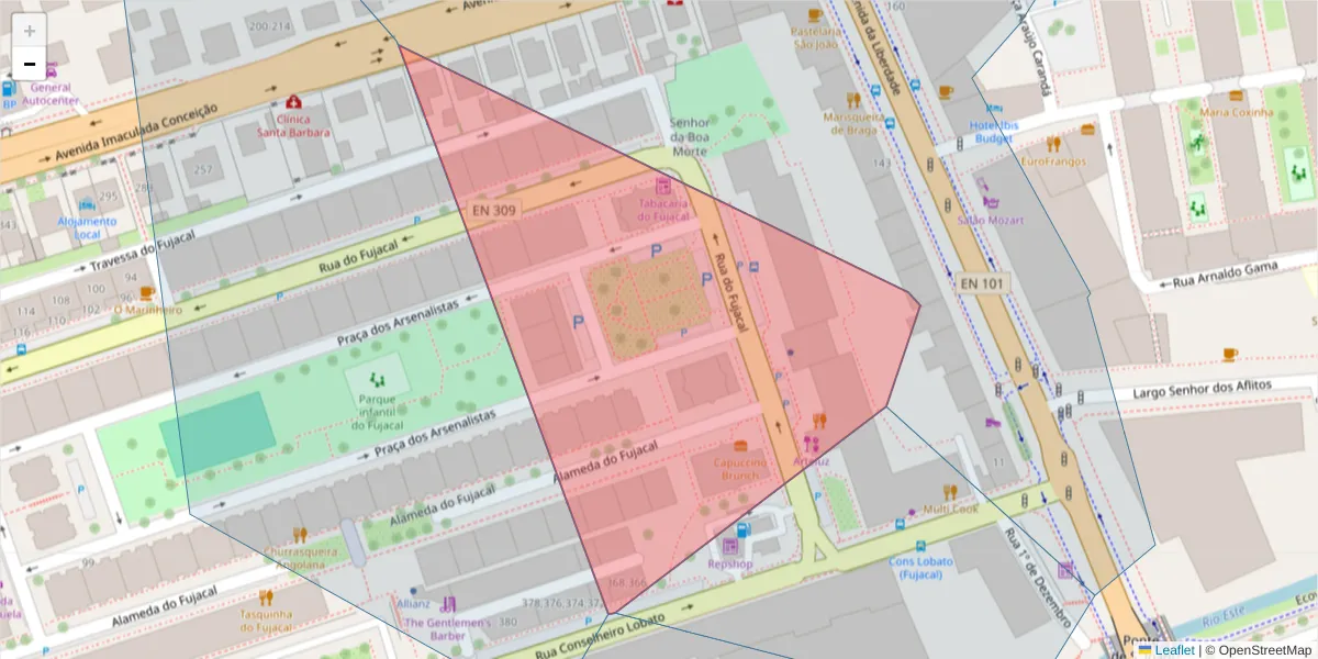 Mapa detalhado do código postal 4705-097 com limites, códigos postais vizinhos e agências dos correios