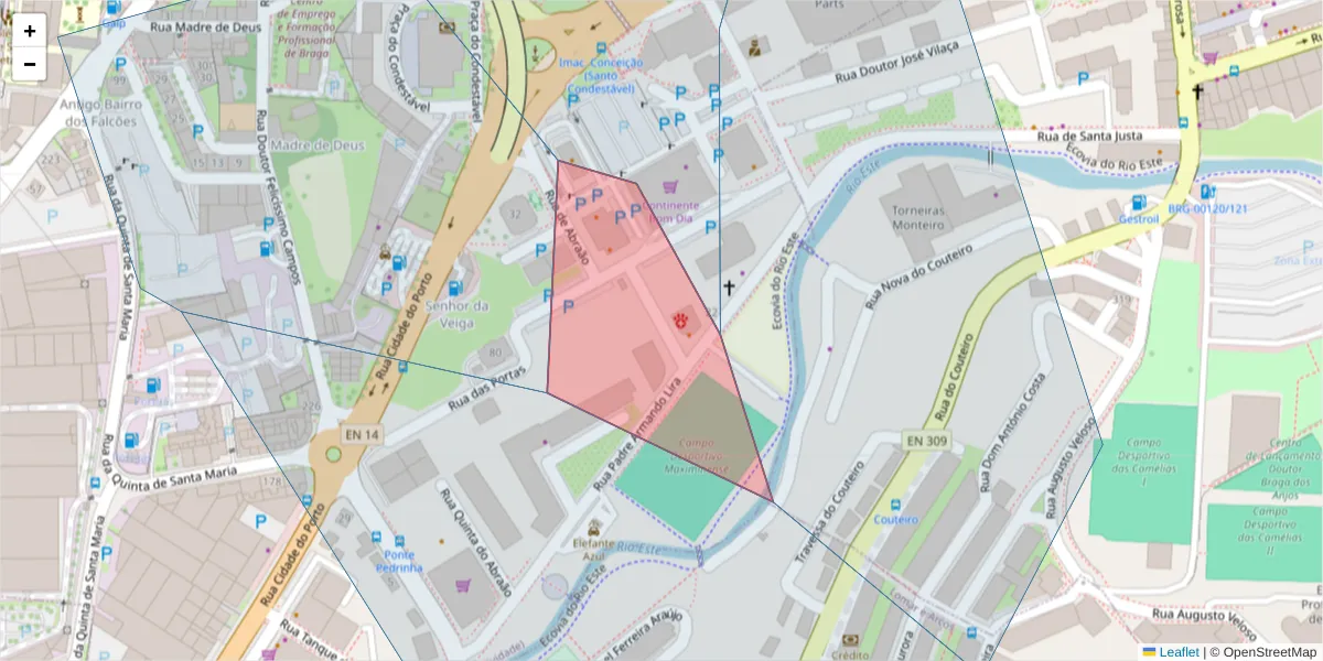 Mapa detalhado do código postal 4705-100 com limites, códigos postais vizinhos e agências dos correios