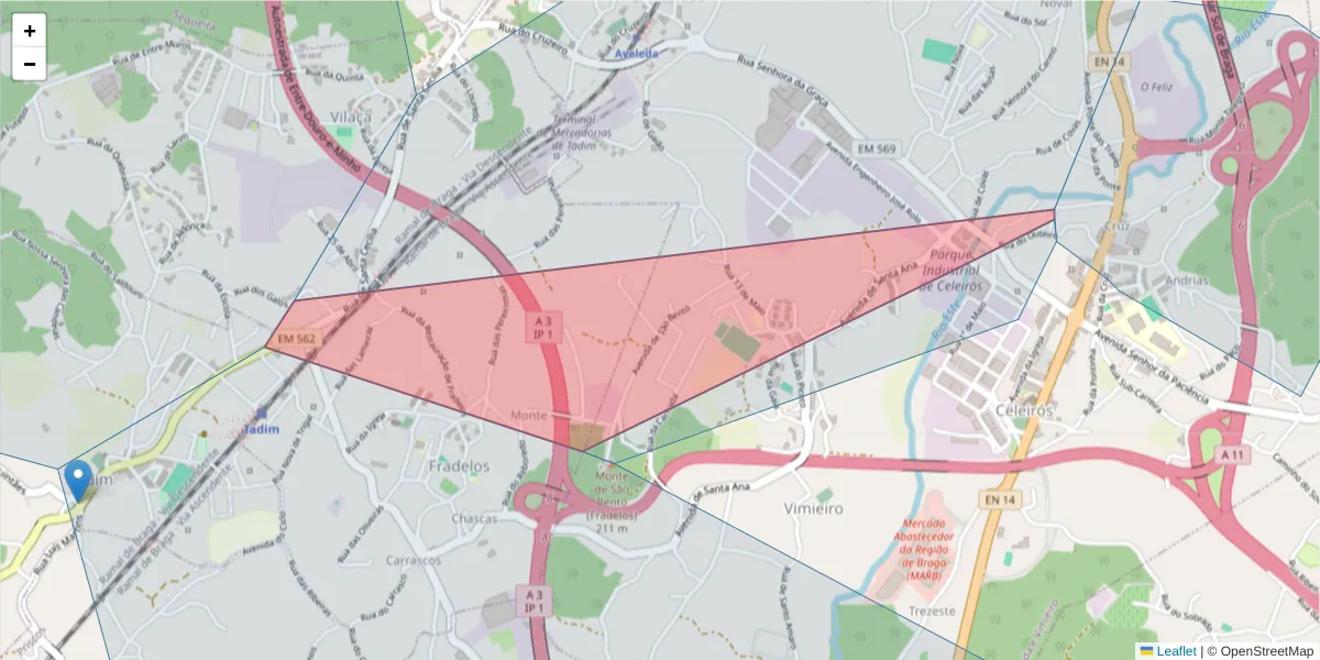 Mapa detalhado do código postal 4705-394 com limites, códigos postais vizinhos e agências dos correios